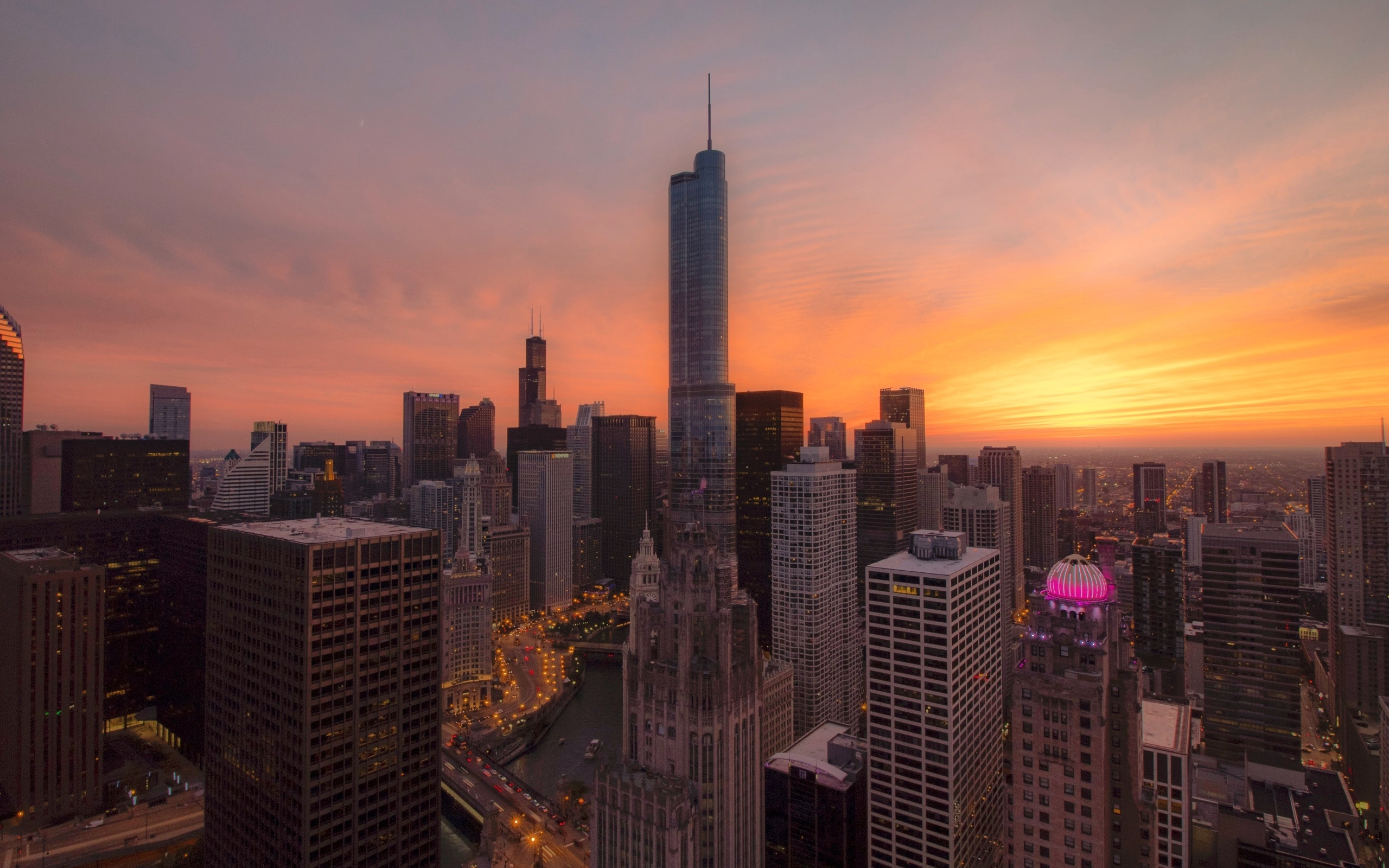chicago, skyscrapers, orange sky, sunset, urban, buildings, modern architecture