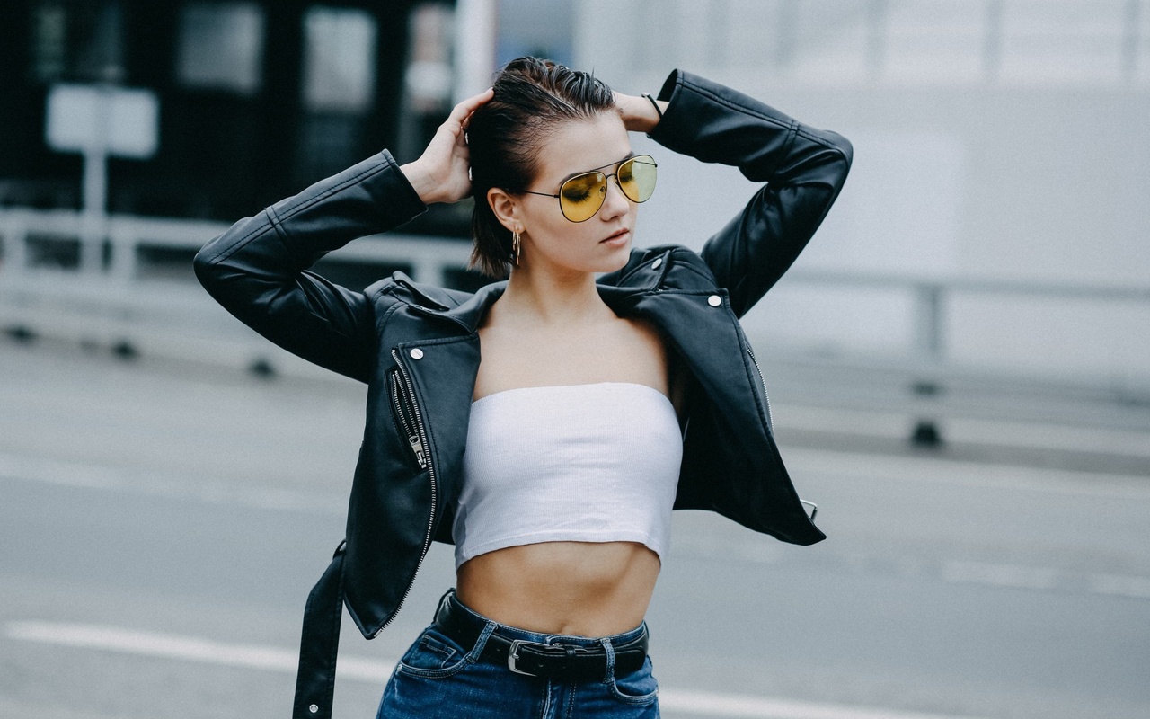 victoria sokolova, women, portrait, women outdoors, women with glasses, leather jackets, tank top, jeans, belly, belt, closed eyes, hands on head, short hair,   ,alexander schlesinger