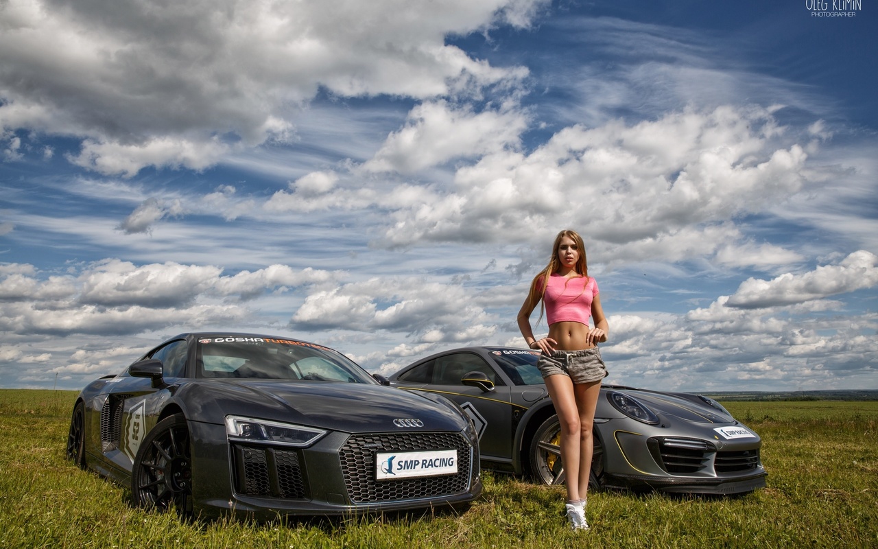 women, oleg klimin, brunette, women outdoors, women with cars, grass, belly, sneakers, hands on hips