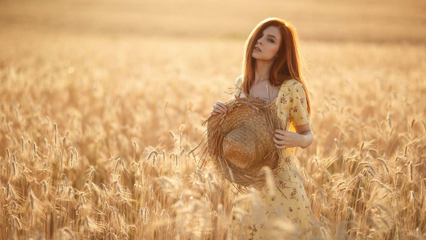 women, redhead, hat, yellow dress, women outdoors, long hair,   ,sergey sorokin