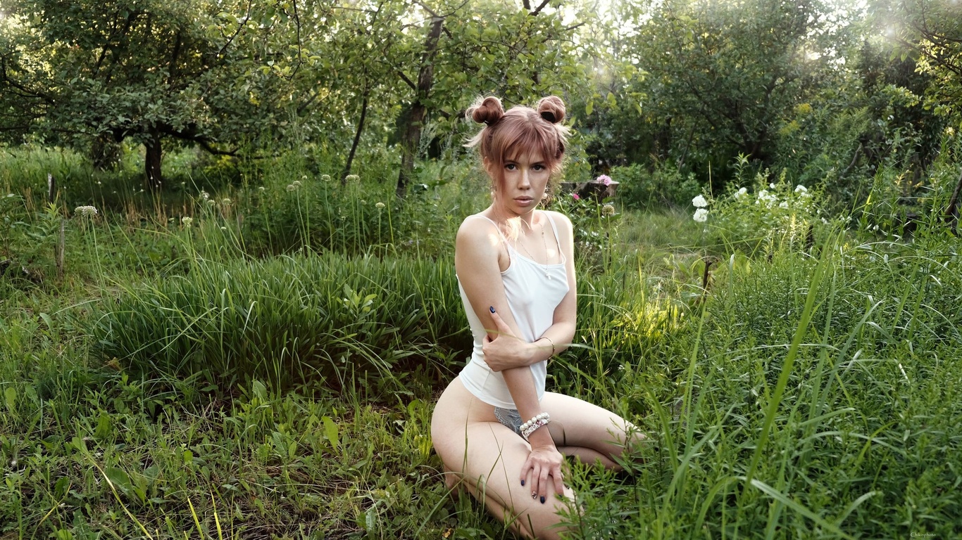 women, kneeling, white panties, hairbun, women outdoors, brunette, necklace, painted nails, watch, trees, dyed hair,   !