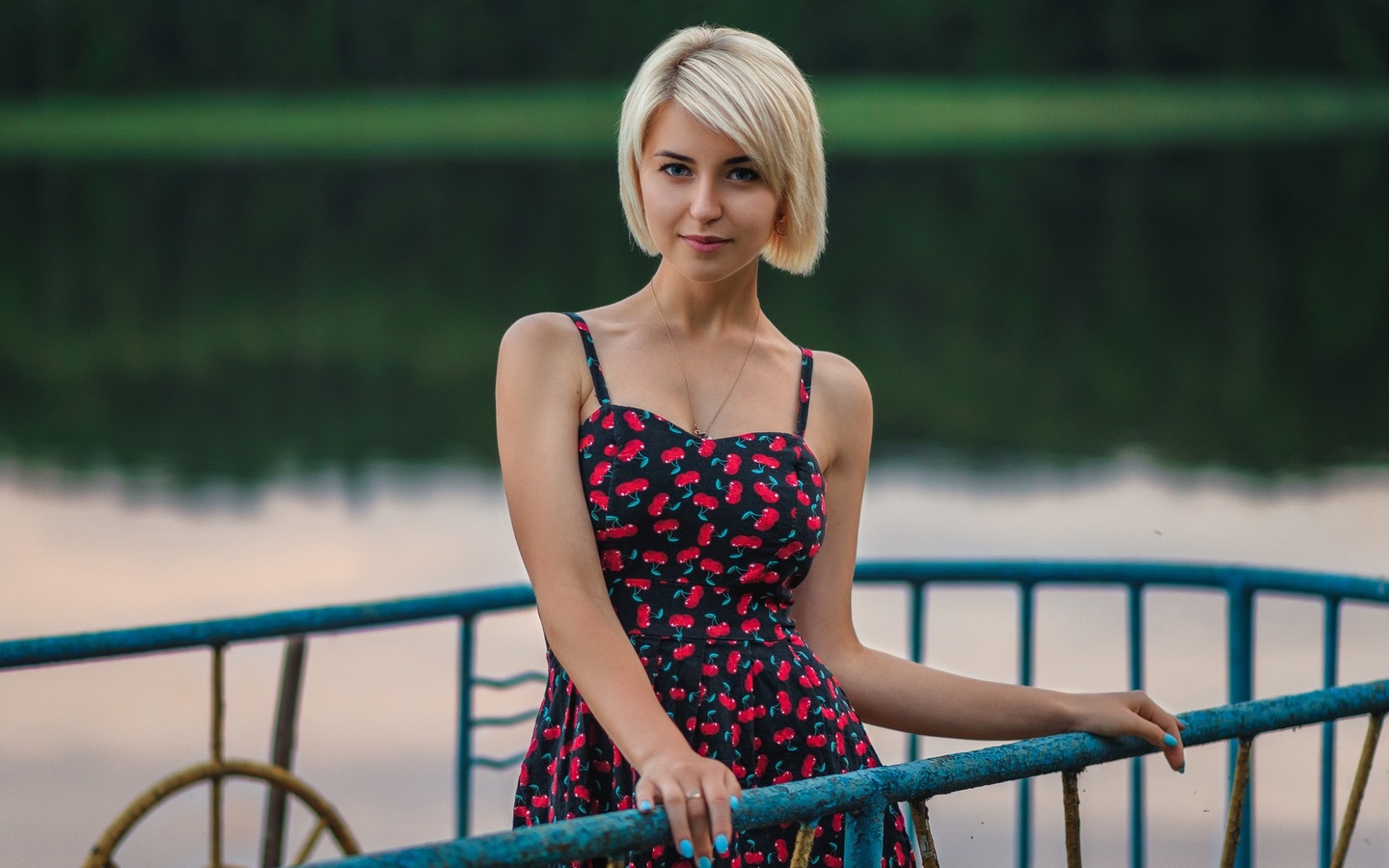 women, blonde, portrait, dress, lake, painted nails, blue eyes, women outdoors, necklace, smiling, short hair, brunette, dmitry medved ,  , 