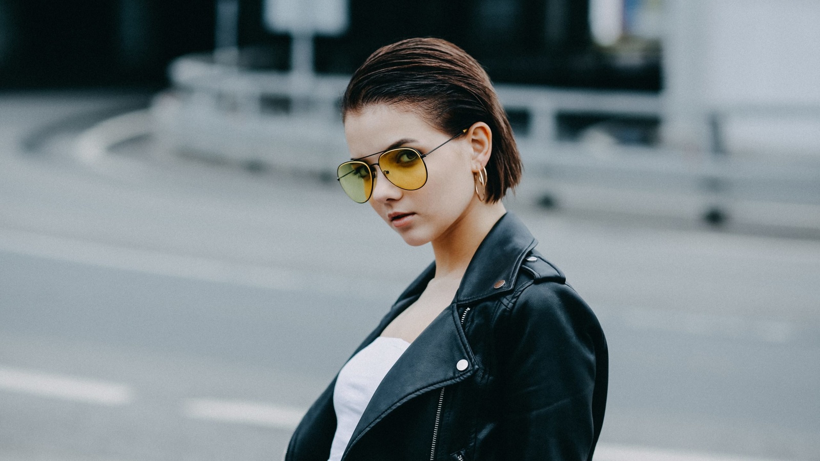 victoria sokolova, women, portrait, women outdoors, women with glasses, leather jackets, tank top, short hair,   ,alexander schlesinger