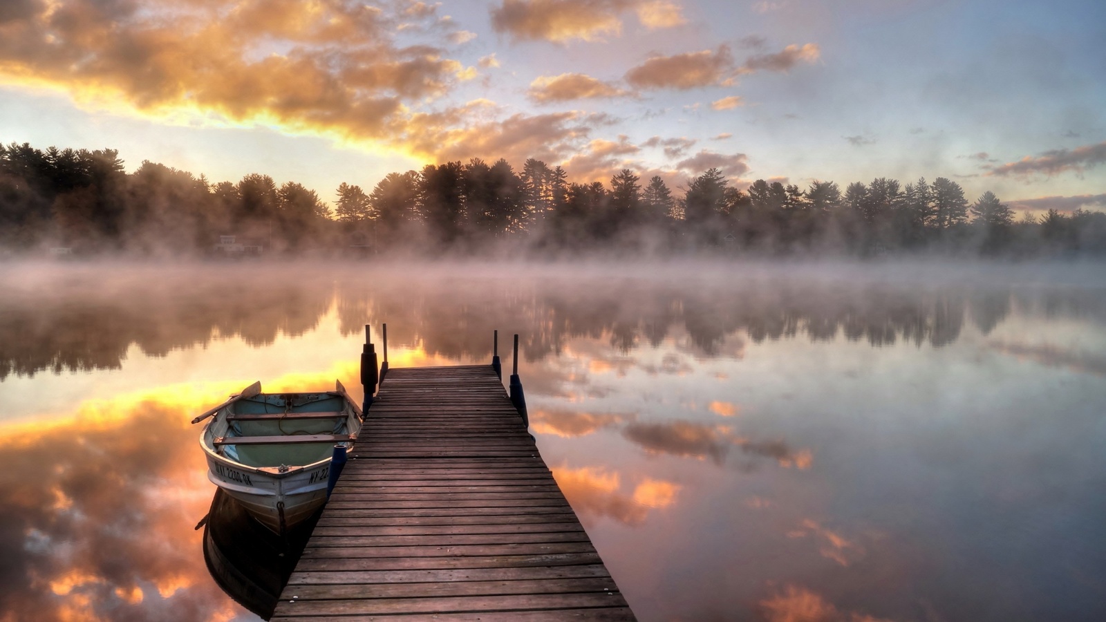лодка, мост, причал, туман, озеро, утро, причал, отражение, восход