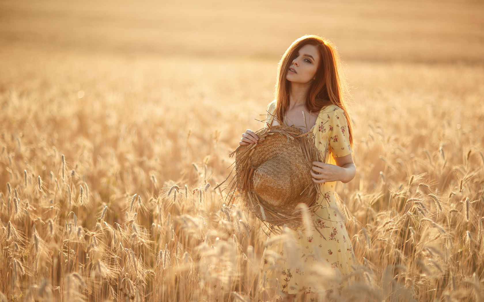 women, redhead, hat, yellow dress, women outdoors, long hair,   ,sergey sorokin