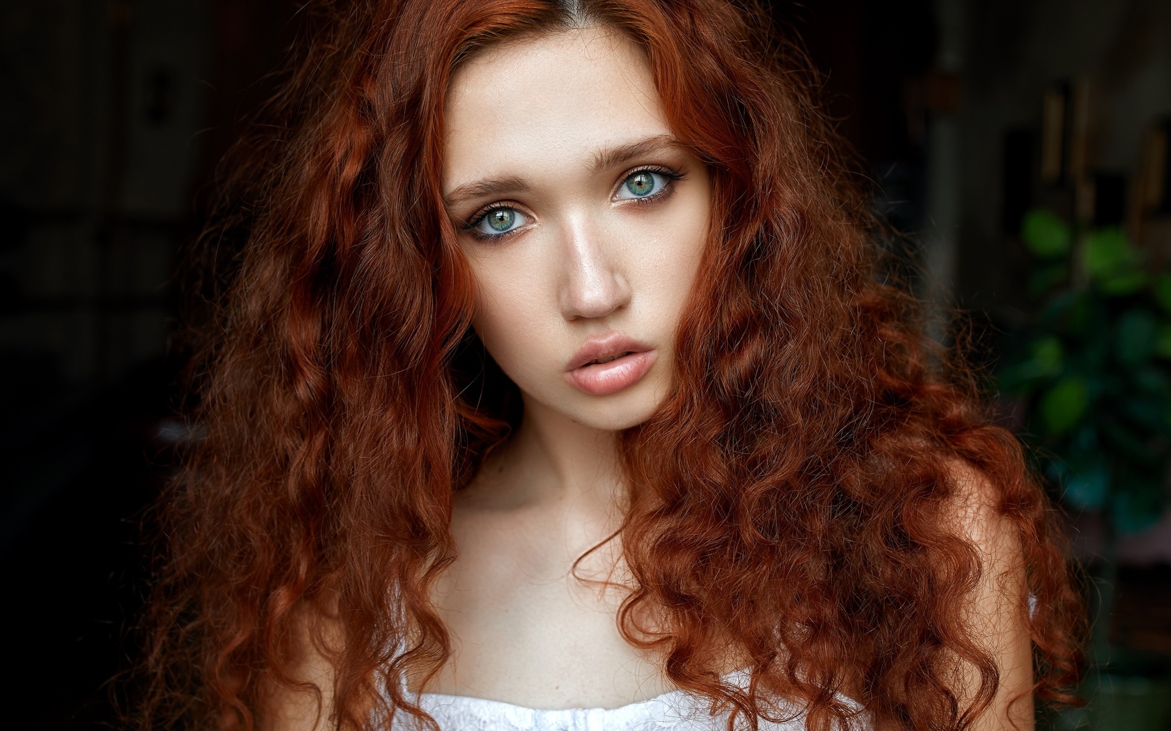 women, redhead, face, portrait, pink lipstick, green eyes, white dress,  