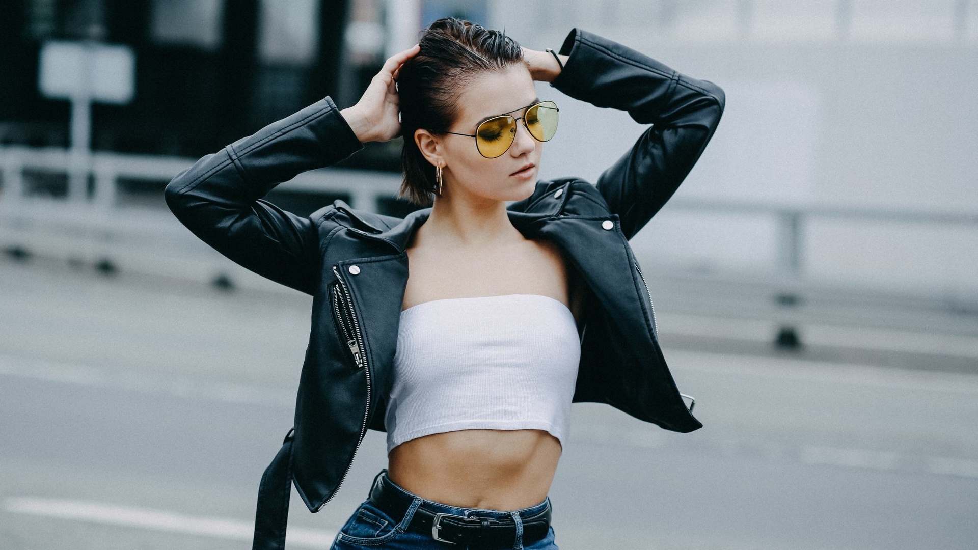 victoria sokolova, women, portrait, women outdoors, women with glasses, leather jackets, tank top, jeans, belly, belt, closed eyes, hands on head, short hair,   ,alexander schlesinger