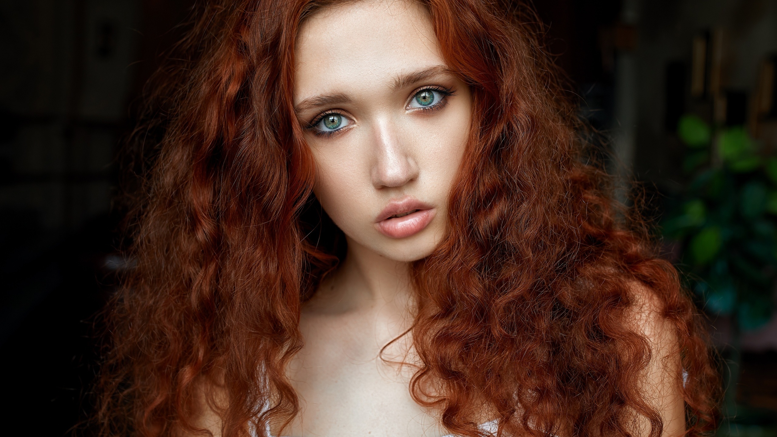 women, redhead, face, portrait, pink lipstick, green eyes, white dress,  