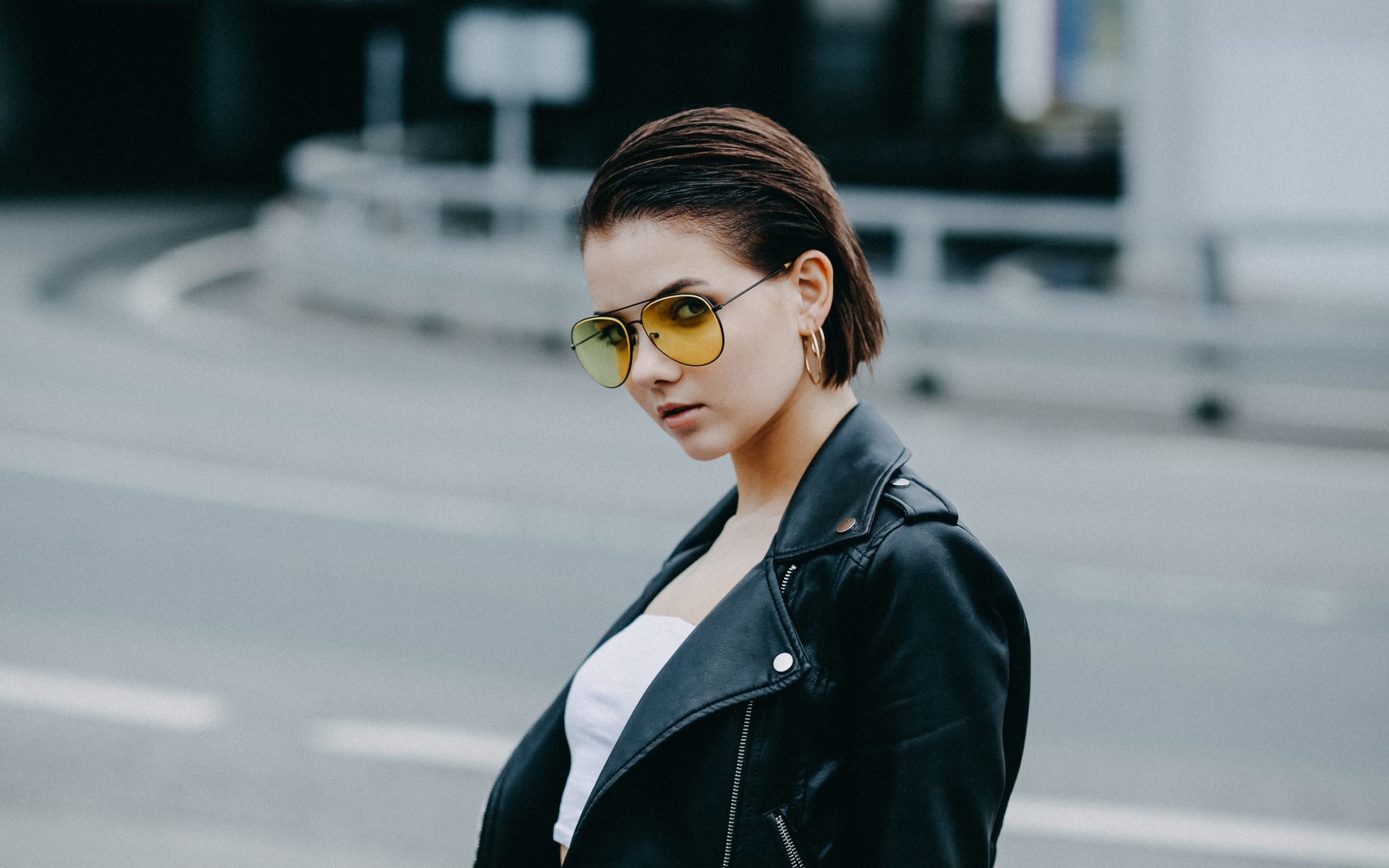 victoria sokolova, women, portrait, women outdoors, women with glasses, leather jackets, tank top, short hair,   ,alexander schlesinger