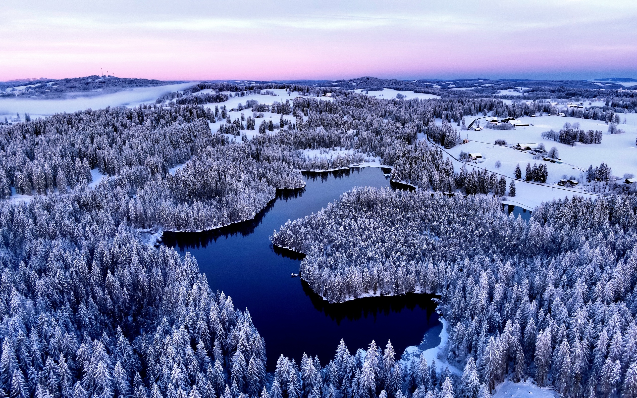вода, деревья, зима, снег, озеро, туман, вид с воздуха
