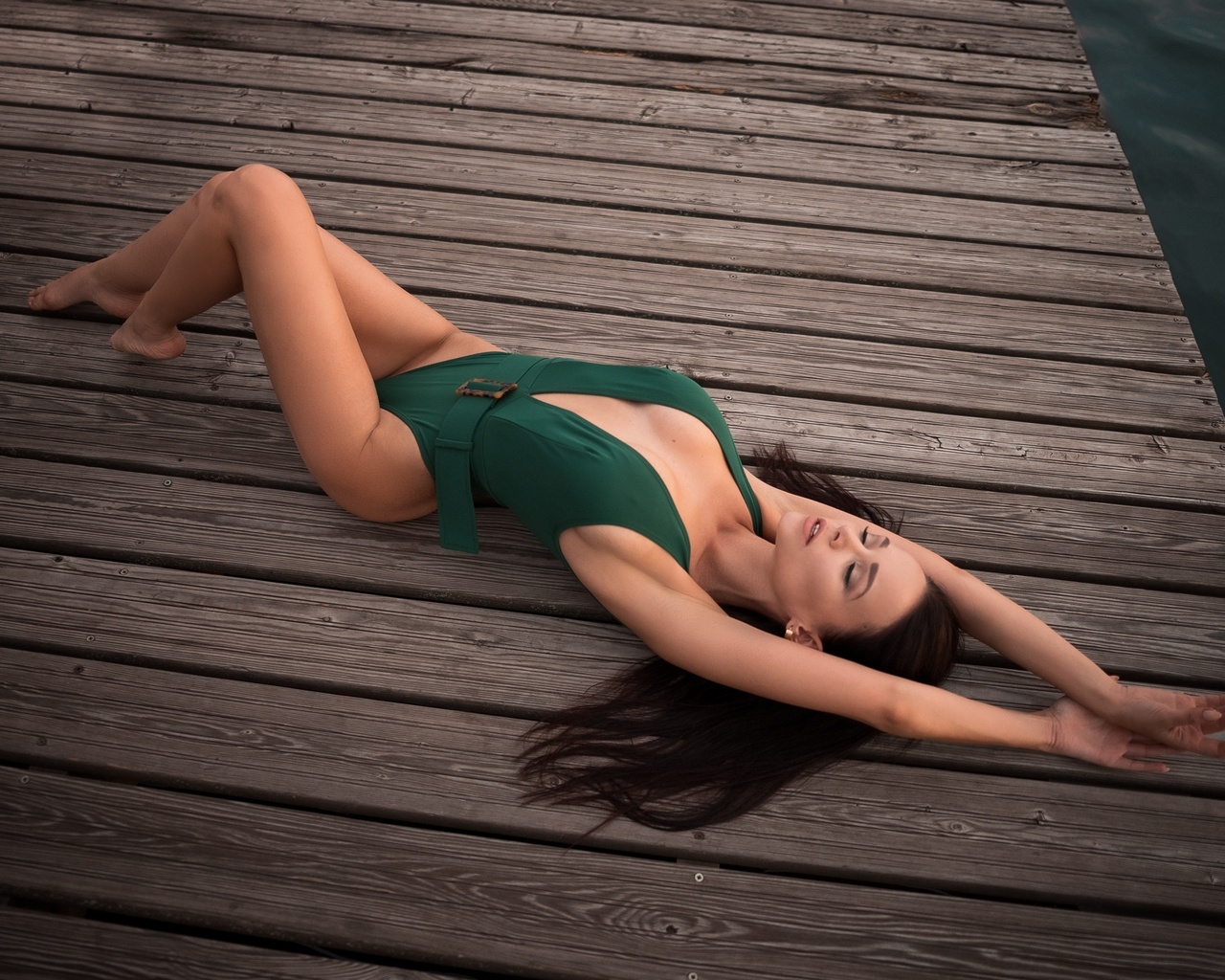 women, angelina petrova, closed eyes, pier, cleavage, lying on back, brunette, armpits, water, women outdoors, green swimsuit