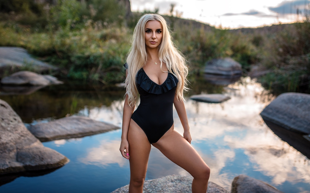 women, blonde, river, women outdoors, one-piece swimsuit, long hair, black swimsuit, necklace, brunette, rocks