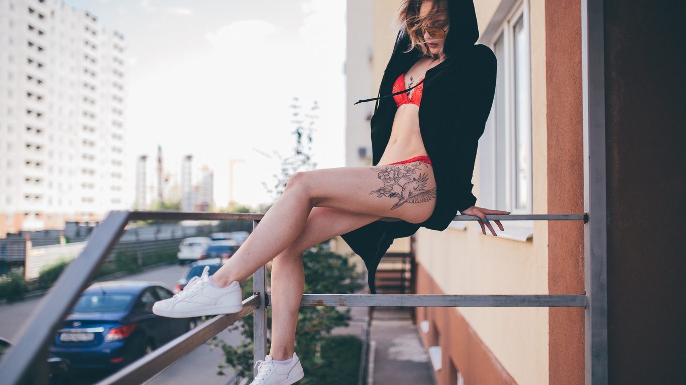 women, tattoo, black sweater, red lingerie, women outdoors, building, sneakers, ass, hoods, sunglasses, belly, sitting, painted nails