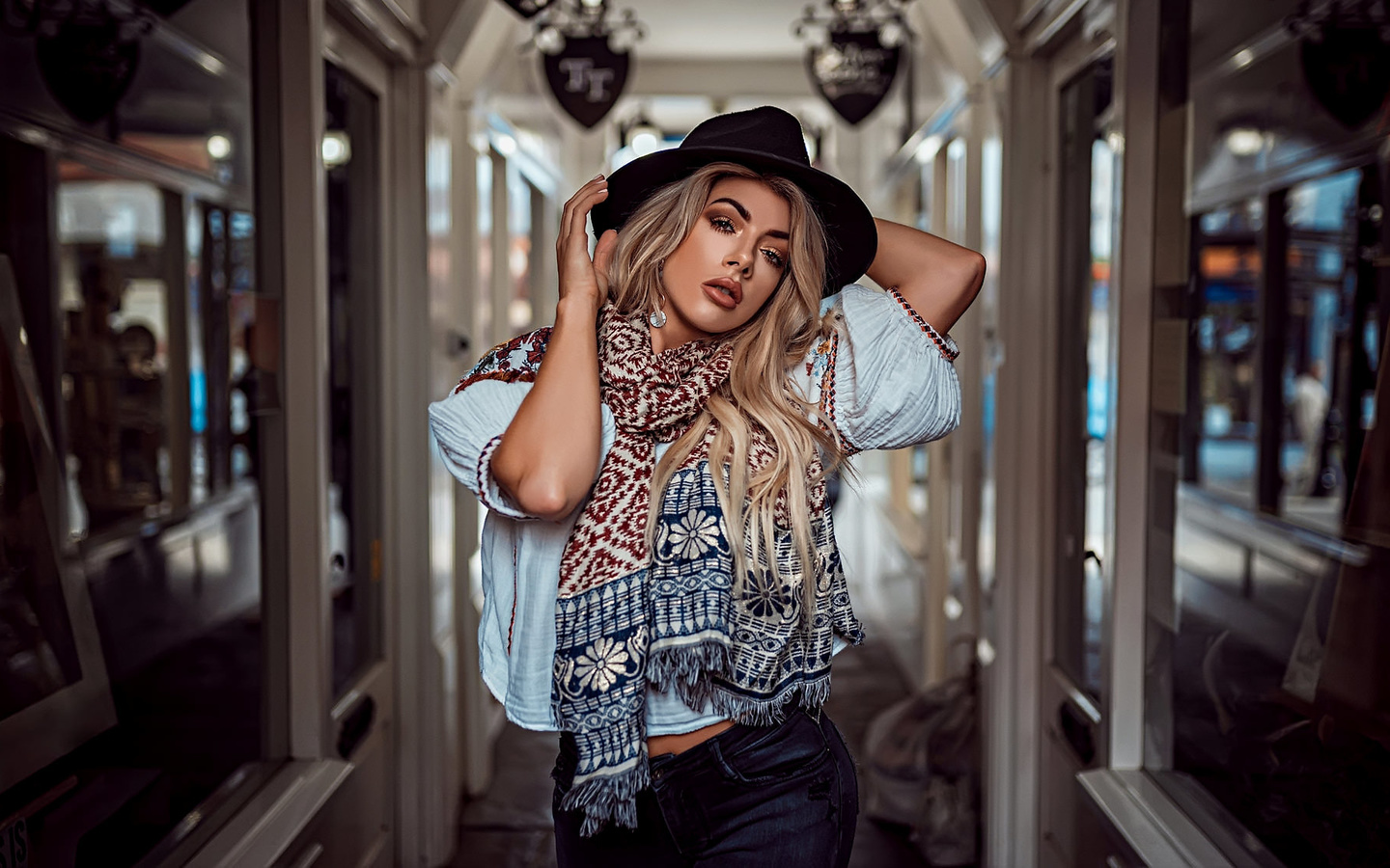 women, blonde, portrait, hat, jeans, scarf, glass, reflection, oliver gibbs