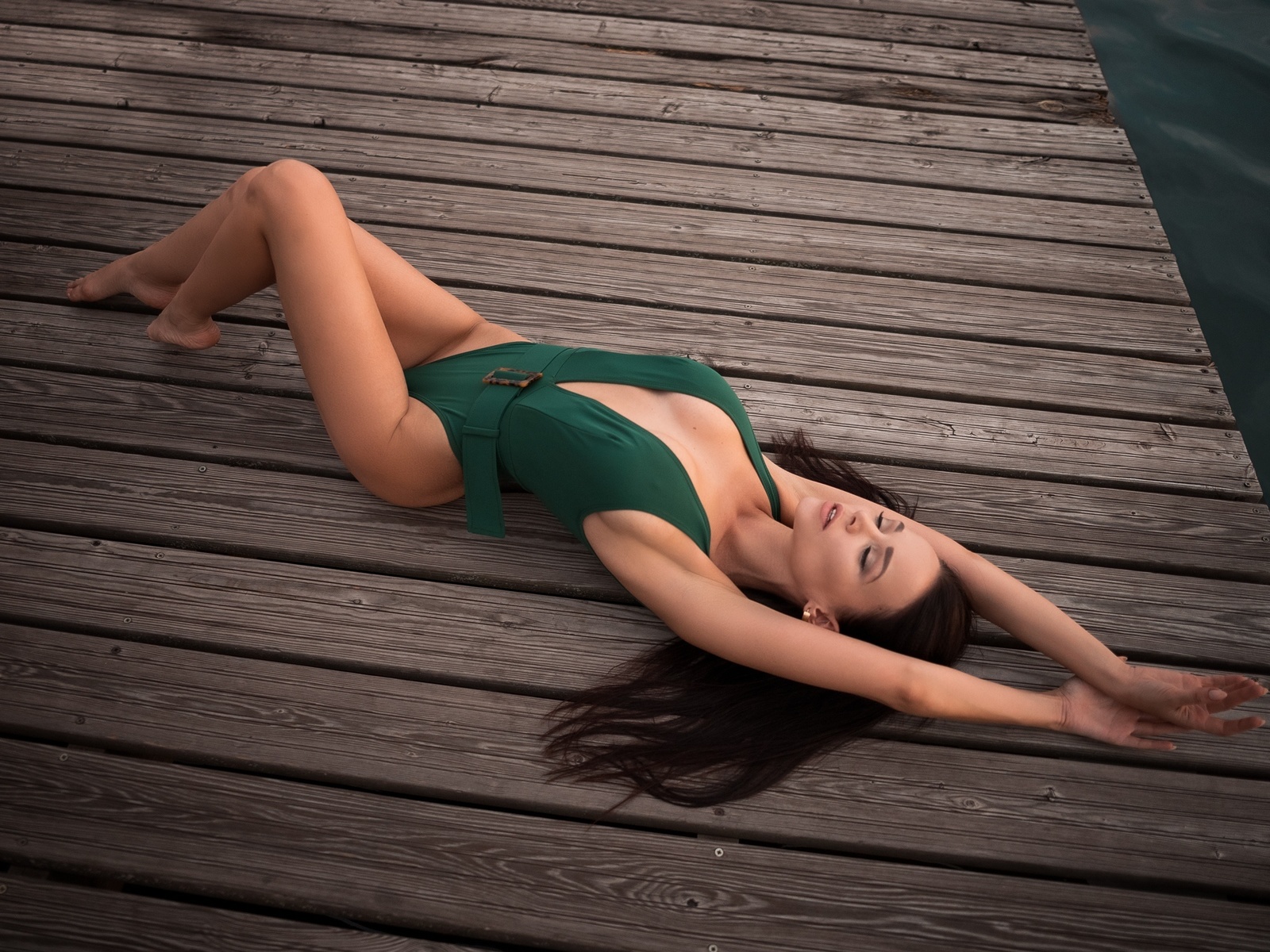 women, angelina petrova, closed eyes, pier, cleavage, lying on back, brunette, armpits, water, women outdoors, green swimsuit