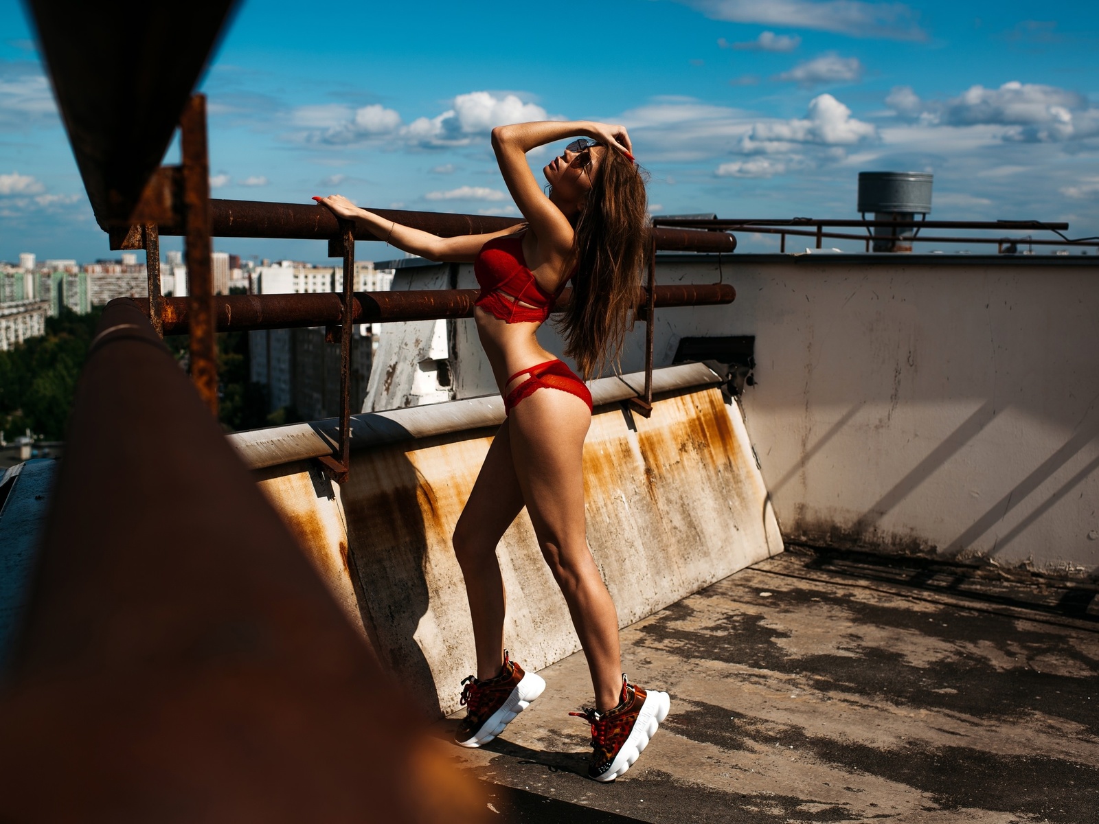 women, sunglasses, rooftops, sneakers, ass, brunette, ribs, red nails, red lingerie, sky, clouds