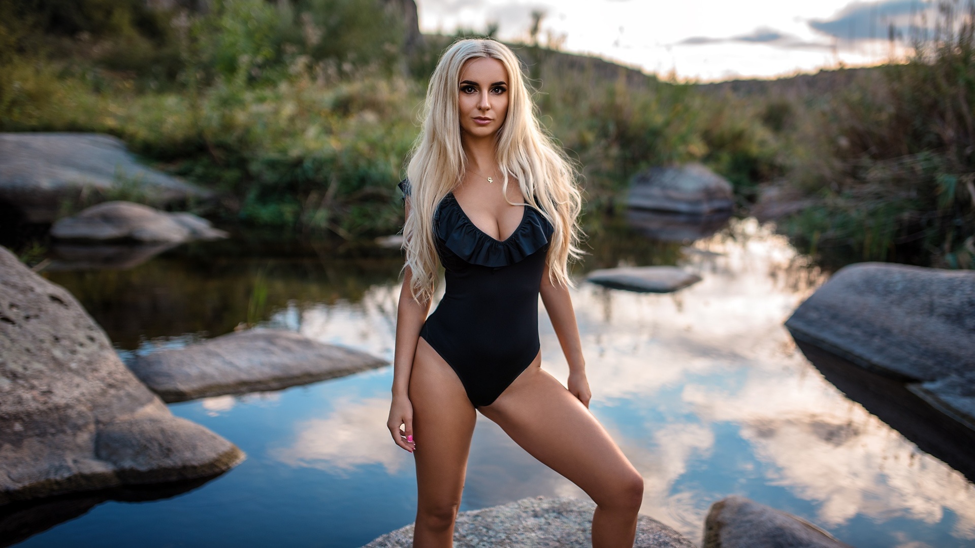 women, blonde, river, women outdoors, one-piece swimsuit, long hair, black swimsuit, necklace, brunette, rocks