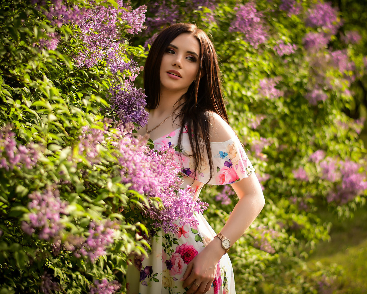 women, portrait, dress, bare shoulders, straight hair, women outdoors, watch, pink lipstick,   ()