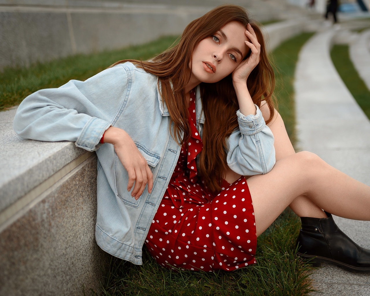 women, sitting, shoes, denim, women outdoors, red dress, polka dots, grass