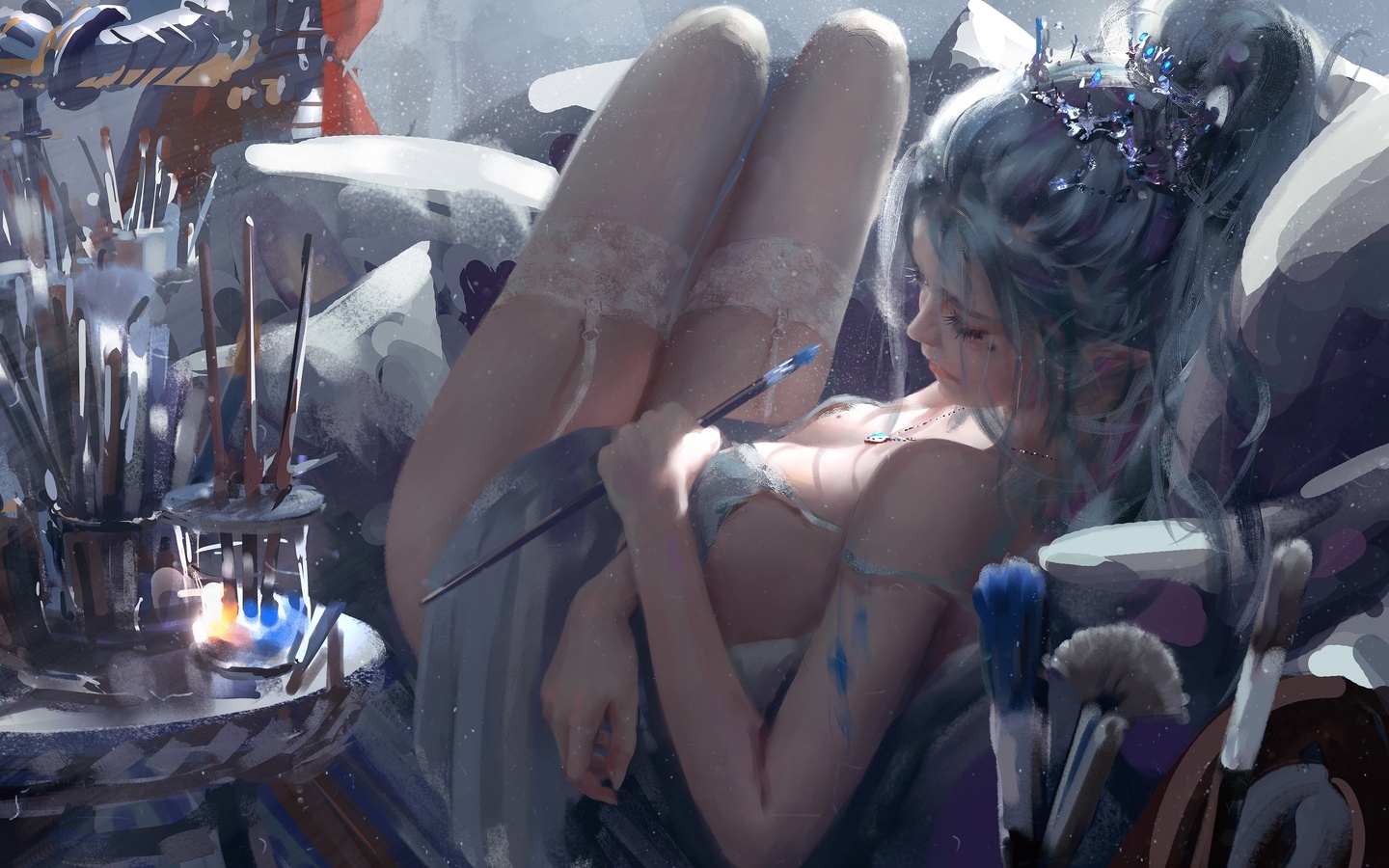 colors, girl, fantasy, legs, stockings, elf, digital art, artwork