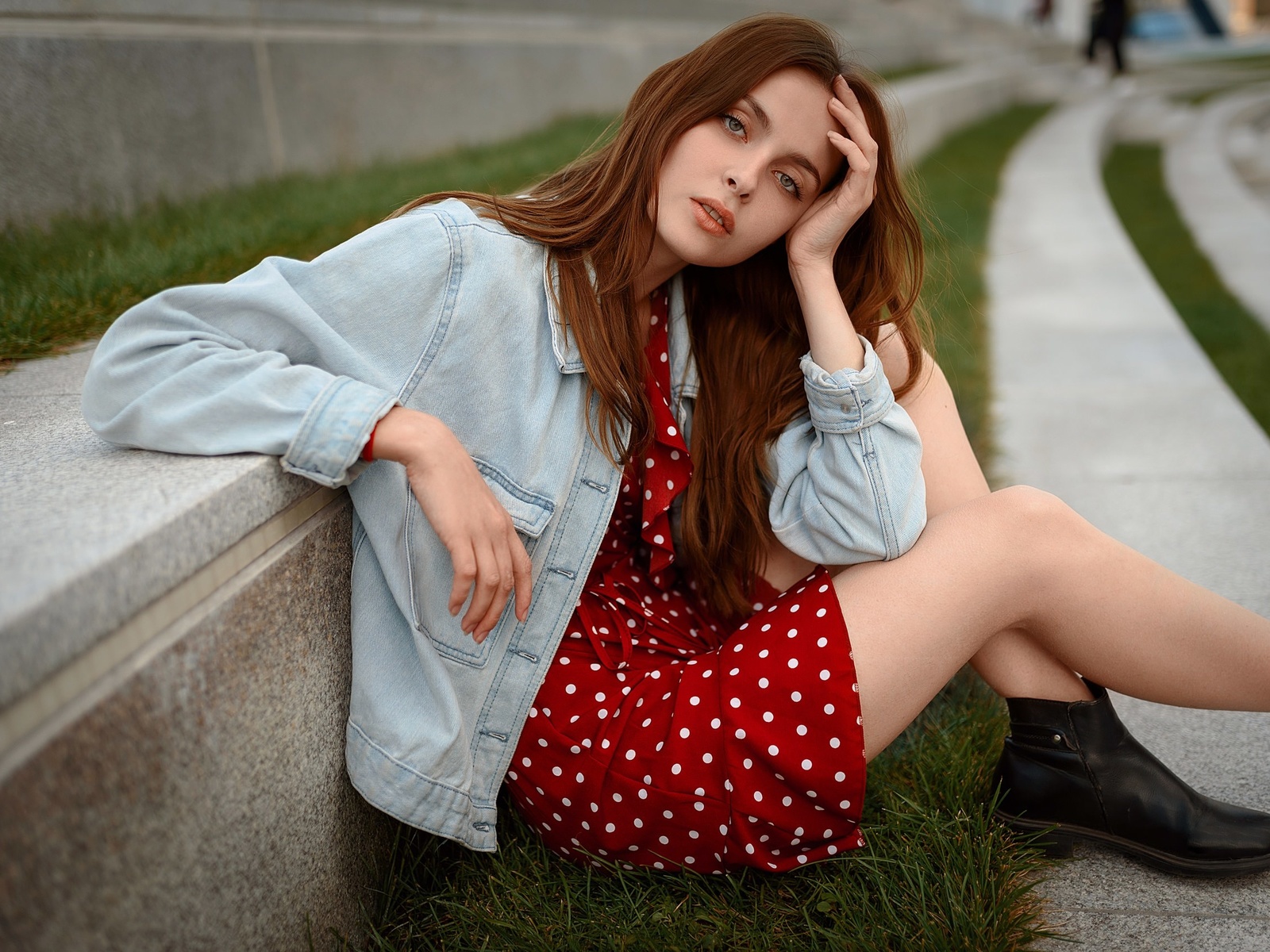 women, sitting, shoes, denim, women outdoors, red dress, polka dots, grass