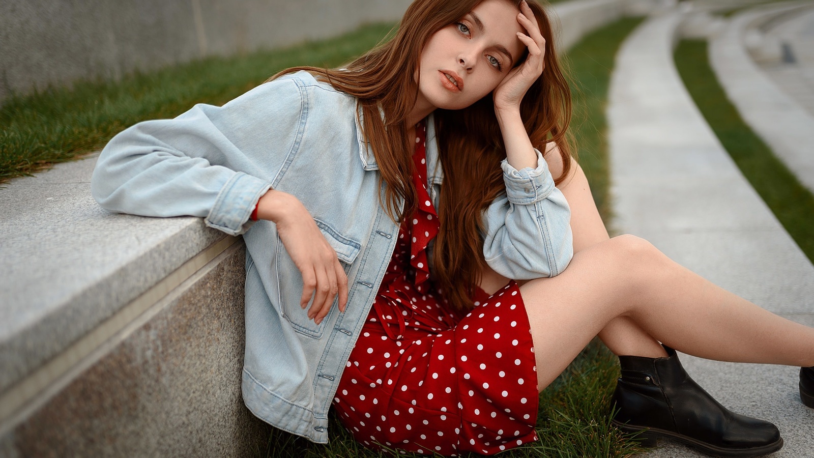 women, sitting, shoes, denim, women outdoors, red dress, polka dots, grass