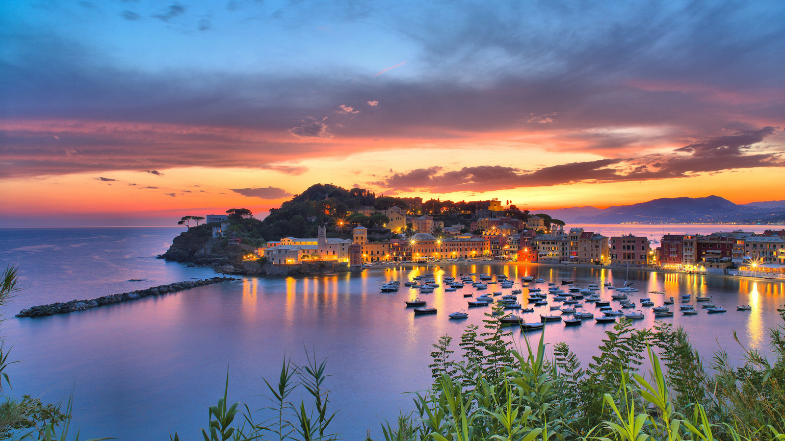 sestri levante, evening, sunset, bay, yachts, bay with boats, liguria, italy