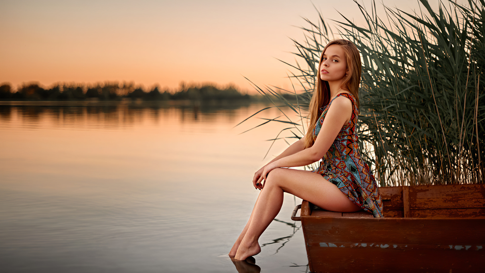 women, dress, sitting, boat, sunset, river, women outdoors, long hair, looking at viewer, anton dyatlov