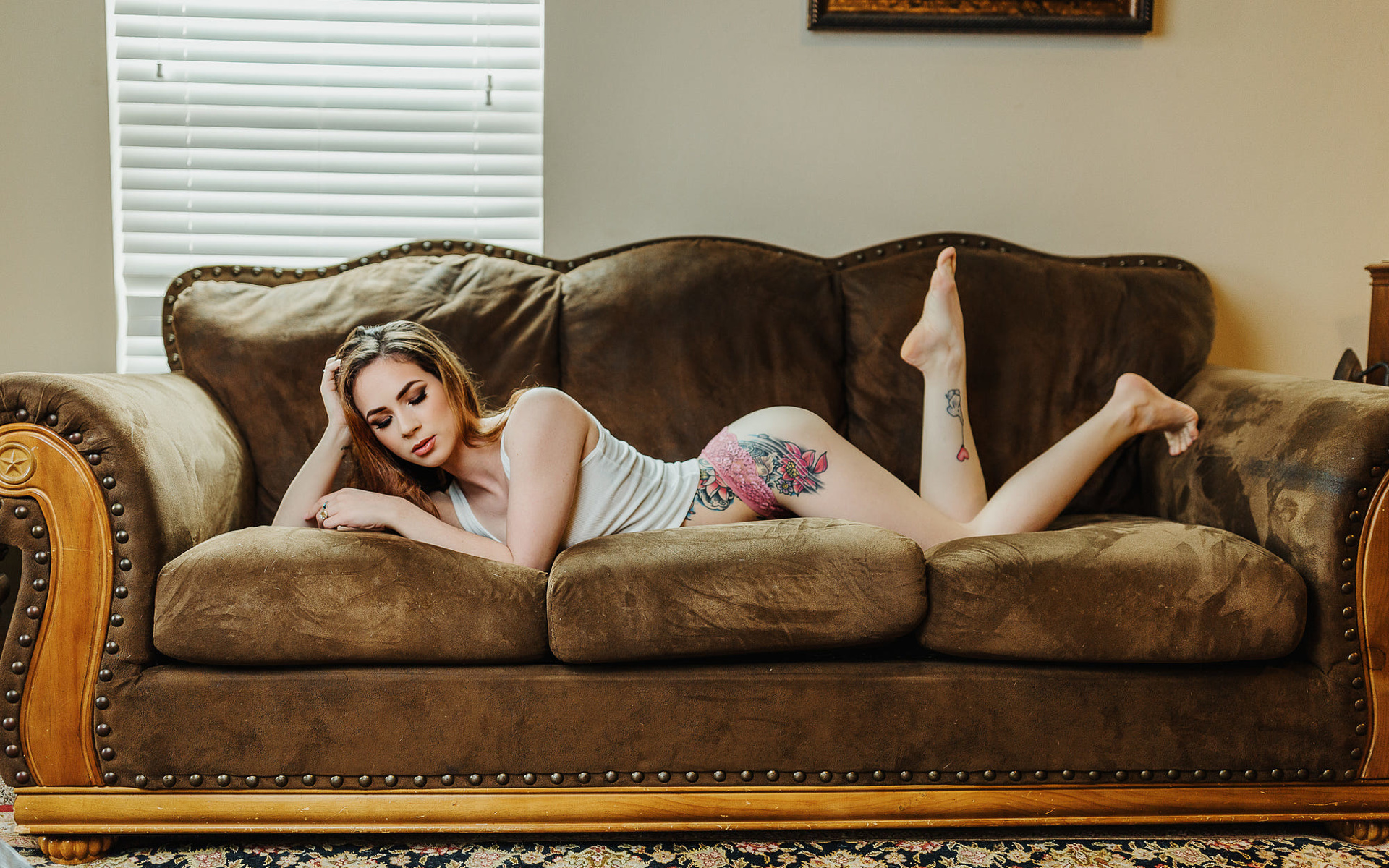 women, couch, ass, pink panties, tank top, tattoo, blinds, closed eyes