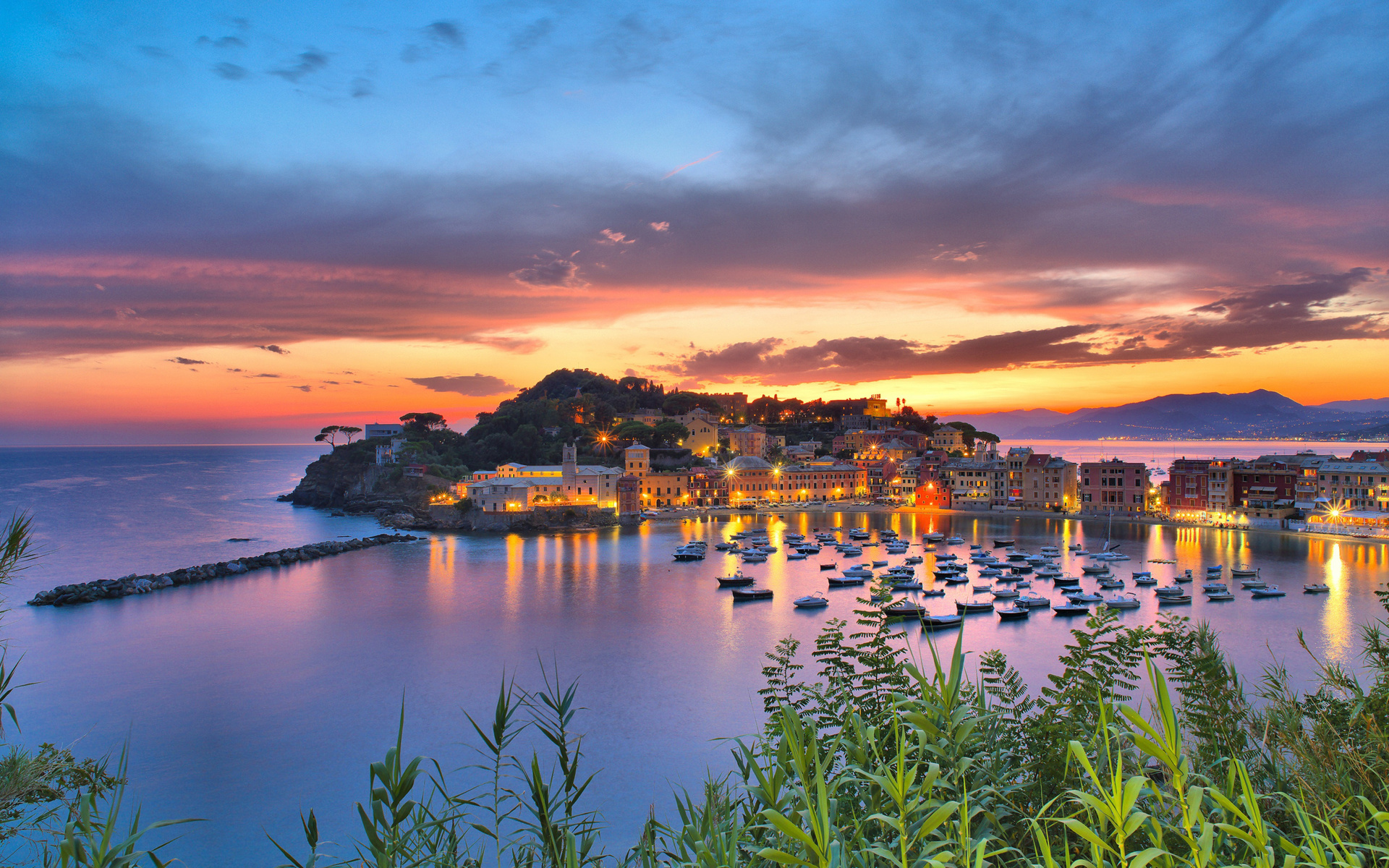 sestri levante, evening, sunset, bay, yachts, bay with boats, liguria, italy