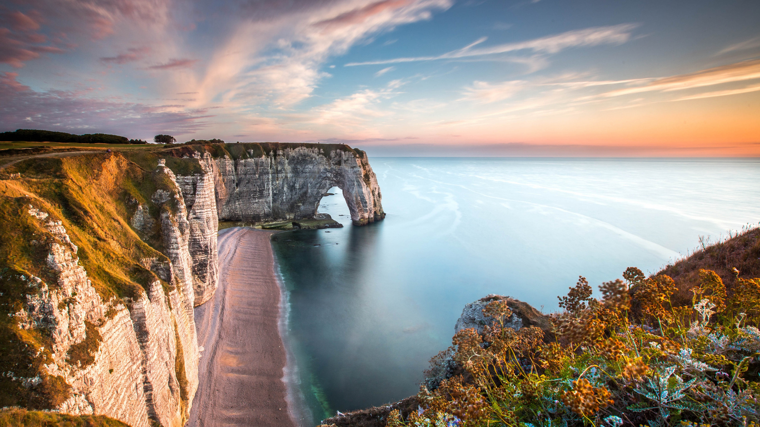 etretat, le havre, cliffs, coast, evening, sunset, ocean, normandie, france