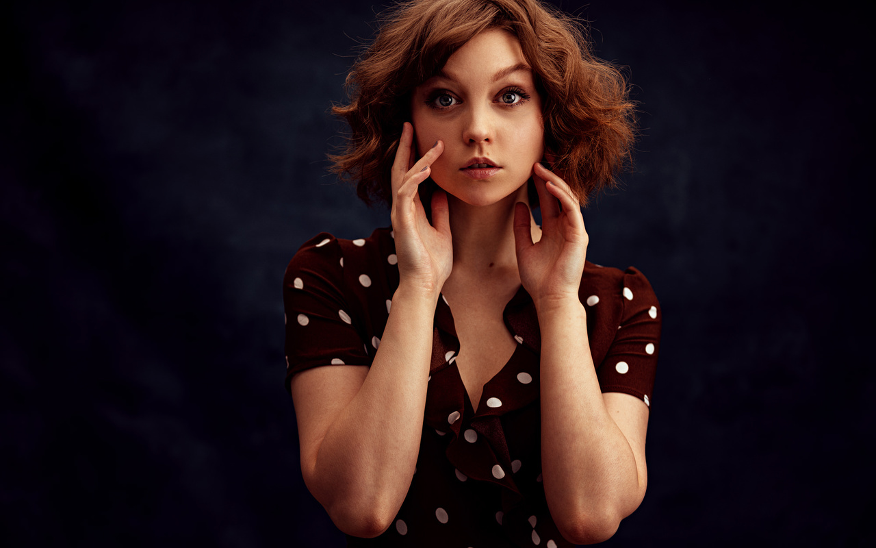 women, portrait, simple background, dress, polka dots