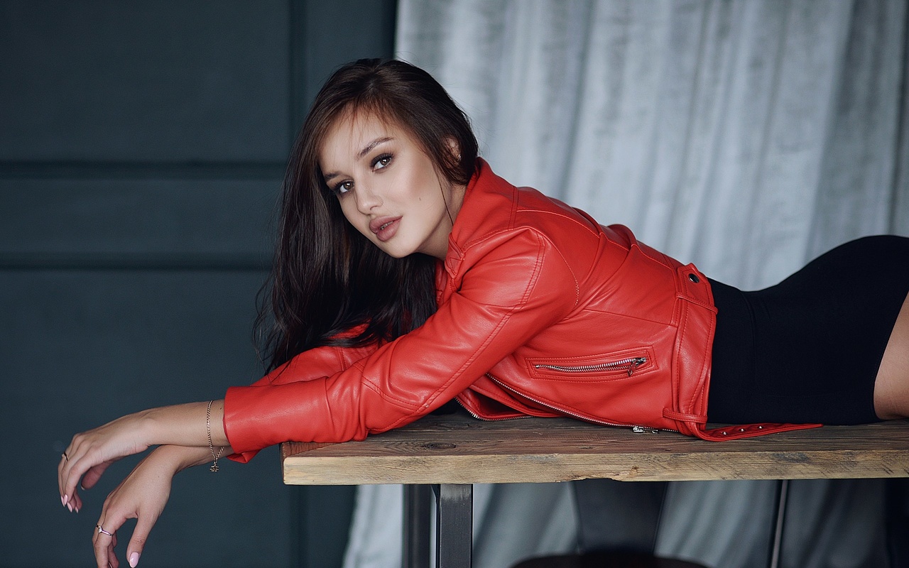 women, leather jackets, bodysuit, table, brunette, women indoors, brown eyes, ass, pink nails, chair, lying on front