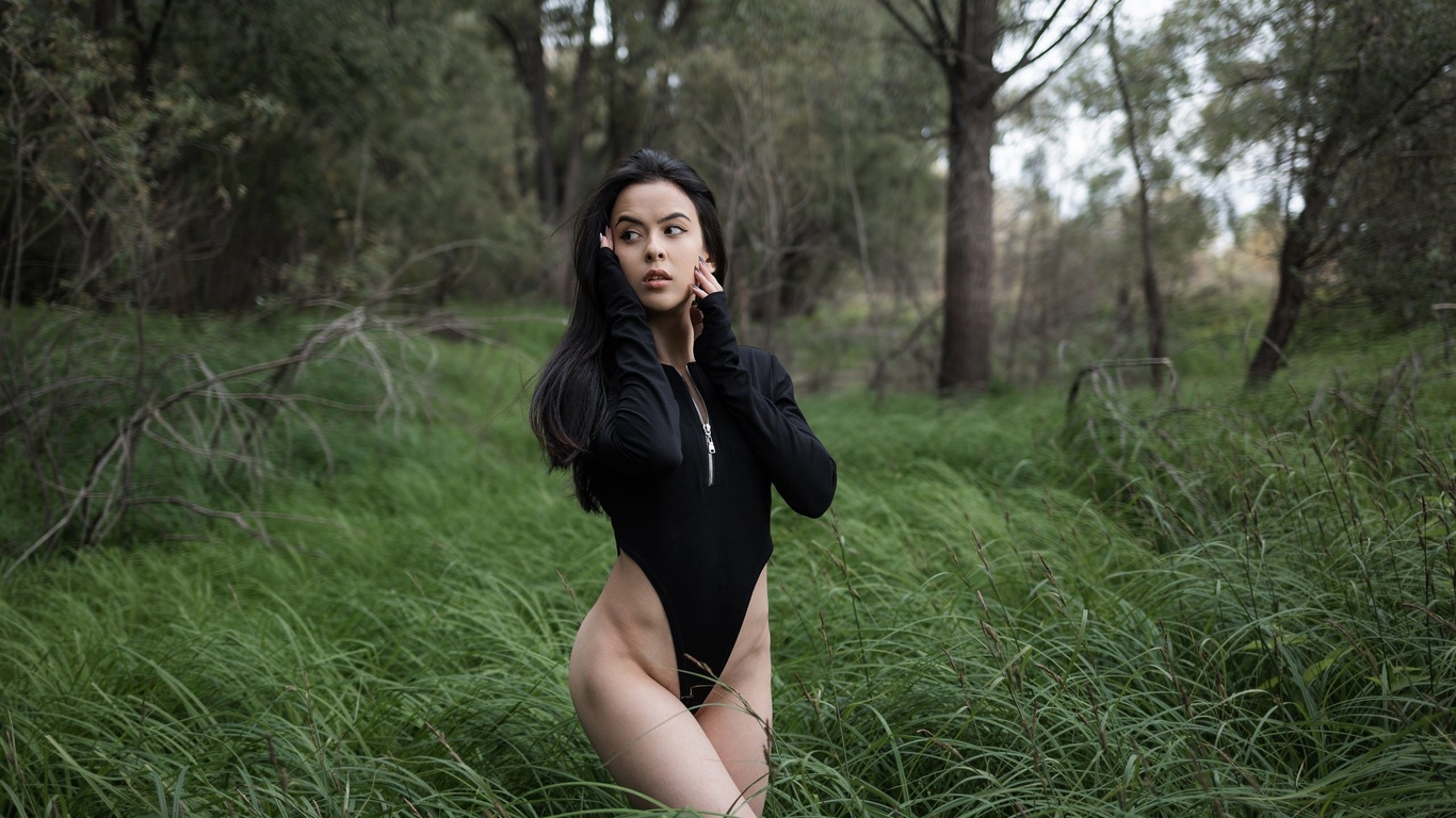 women, trees, bodysuit, leotard, women outdoors, nature, zipper, ass, looking away, black hair, long hair