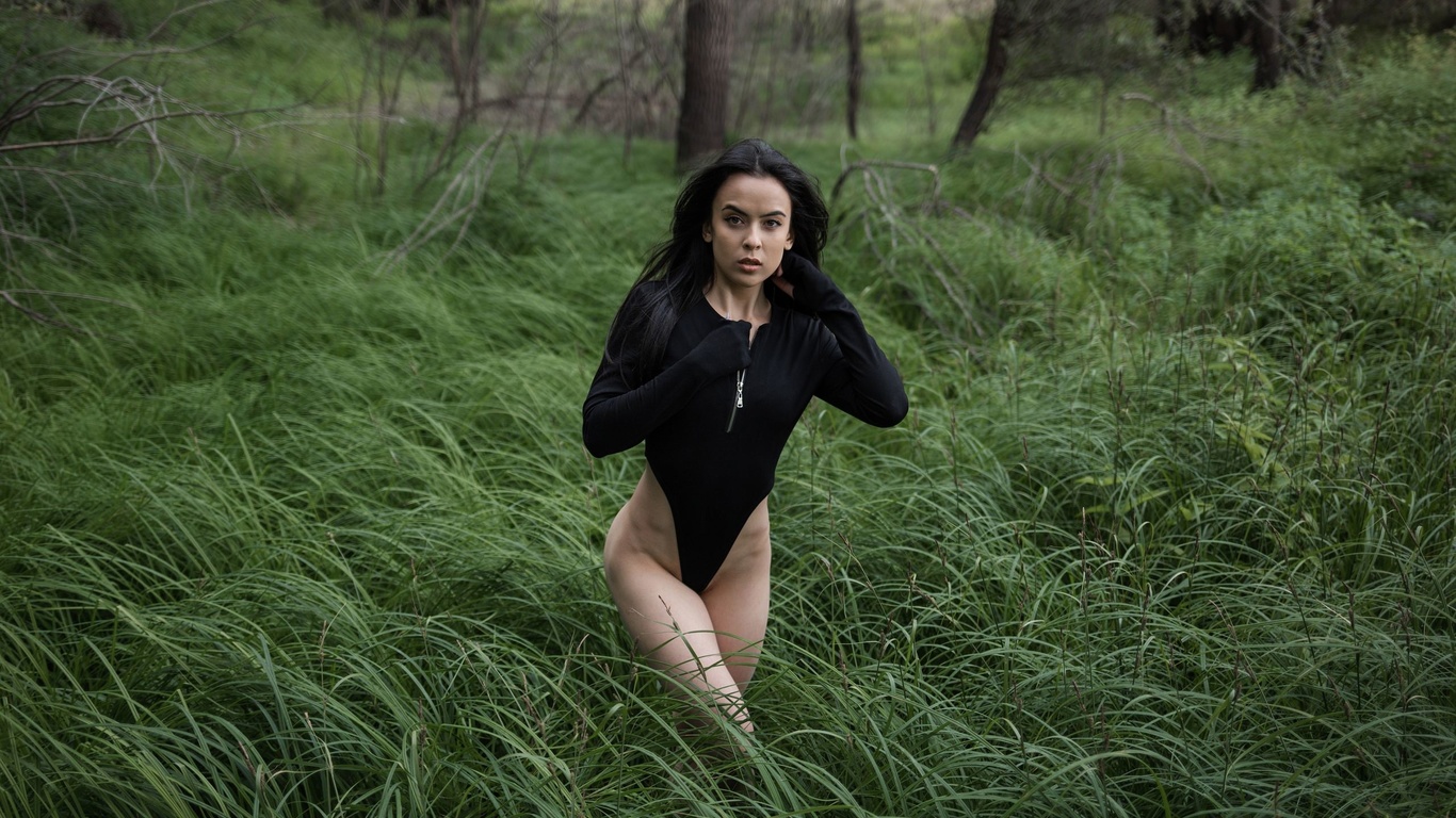 women, trees, bodysuit, leotard, women outdoors, nature, zipper, long hair, black hair