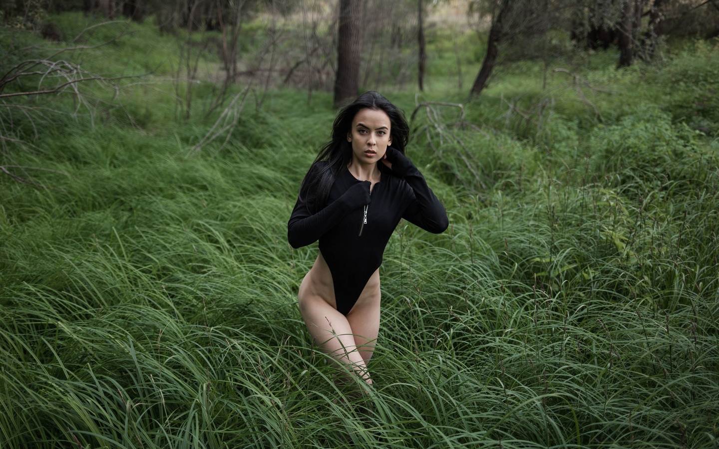 women, trees, bodysuit, leotard, women outdoors, nature, zipper, long hair, black hair