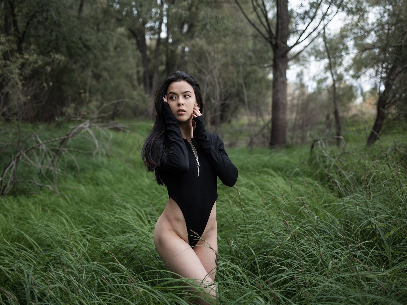 women, trees, bodysuit, leotard, women outdoors, nature, zipper, ass, looking away, black hair, long hair