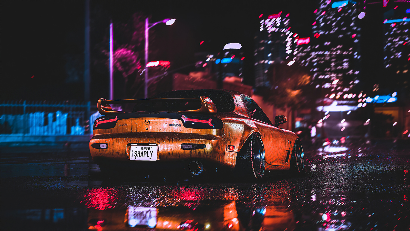 mazda, rx7, city, night, lights