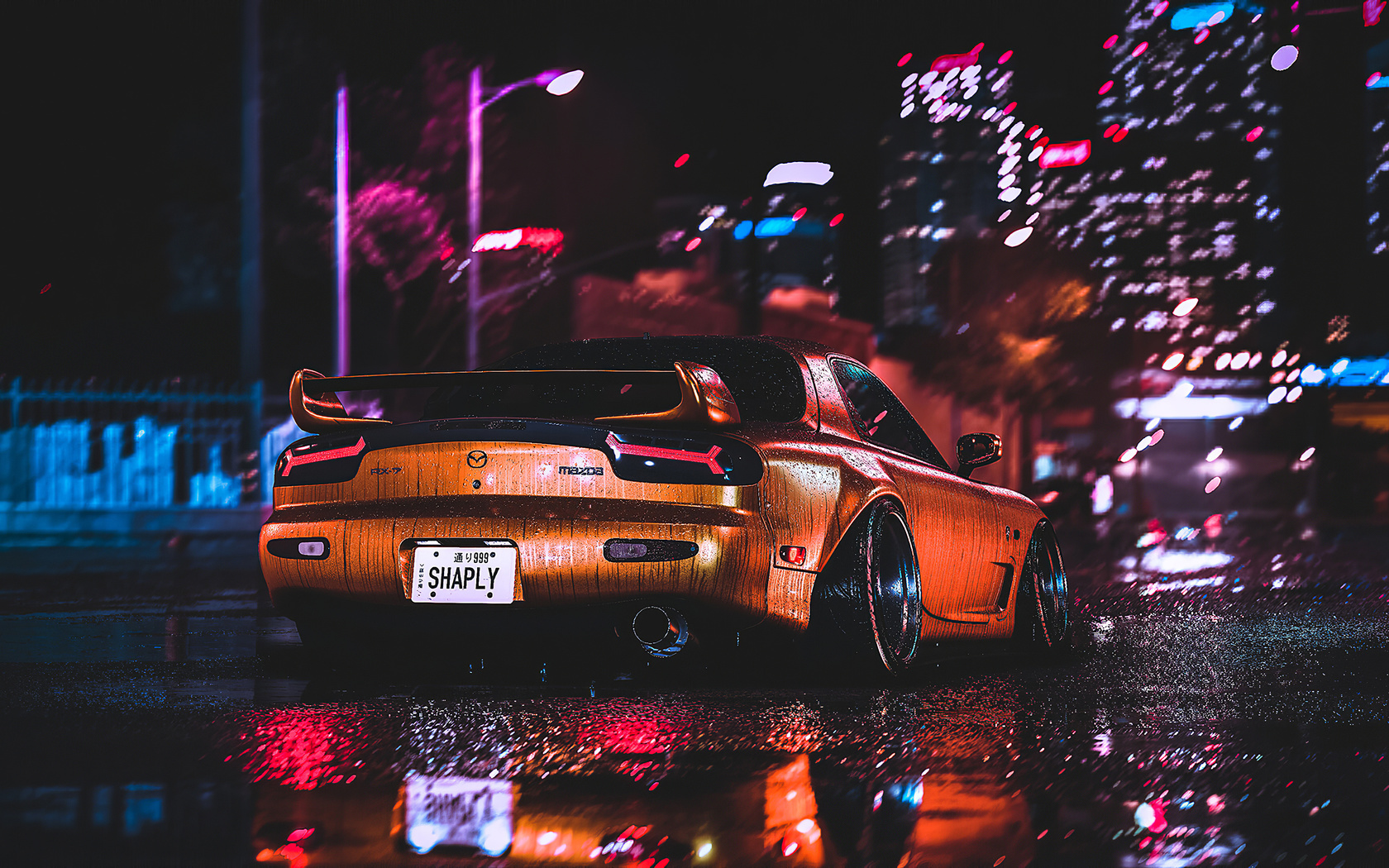 mazda, rx7, city, night, lights