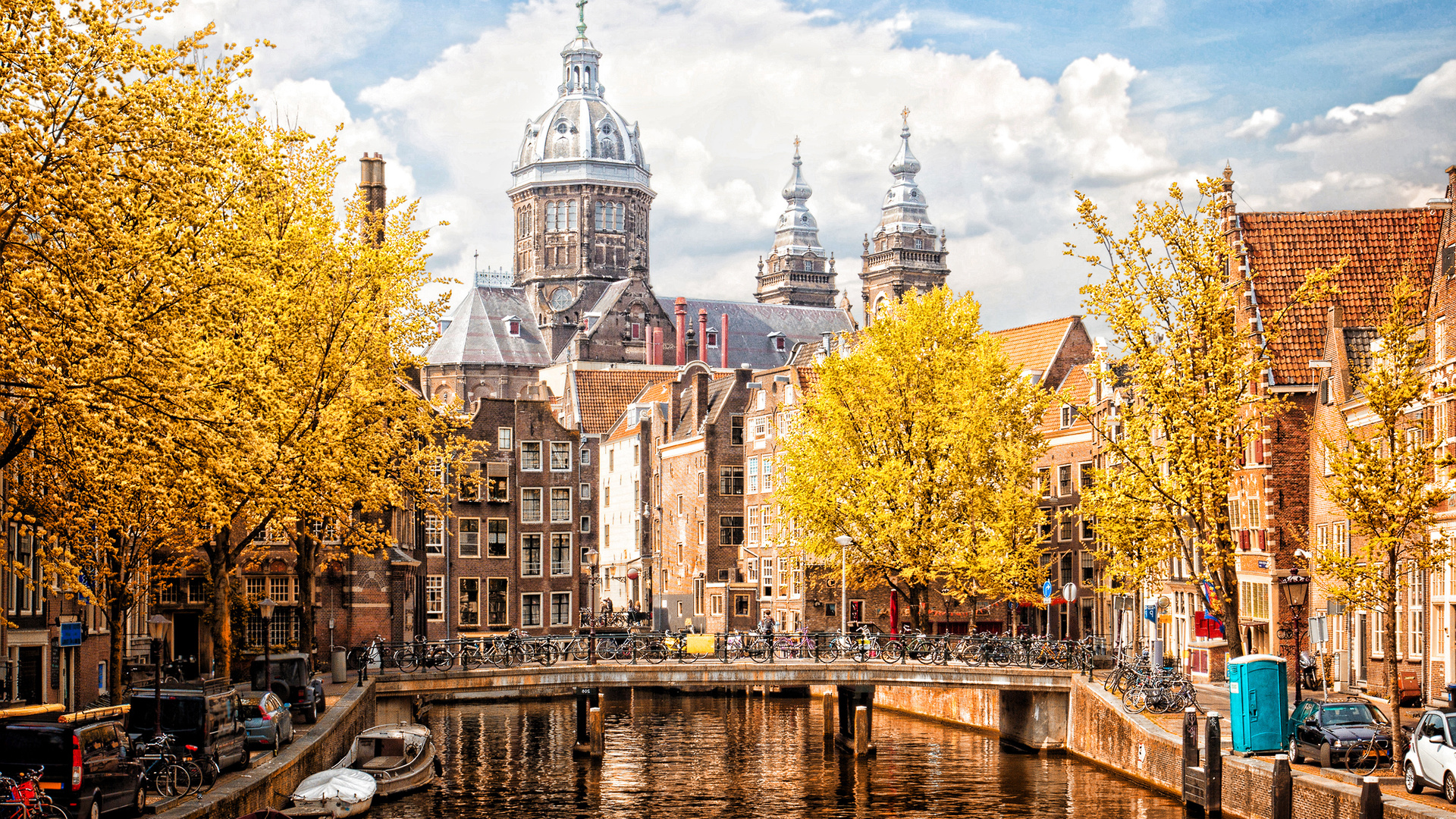 basilica of saint nicholas, amsterdam, autumn, cityscape, river, yellow trees, amsterdam landmark, netherlands