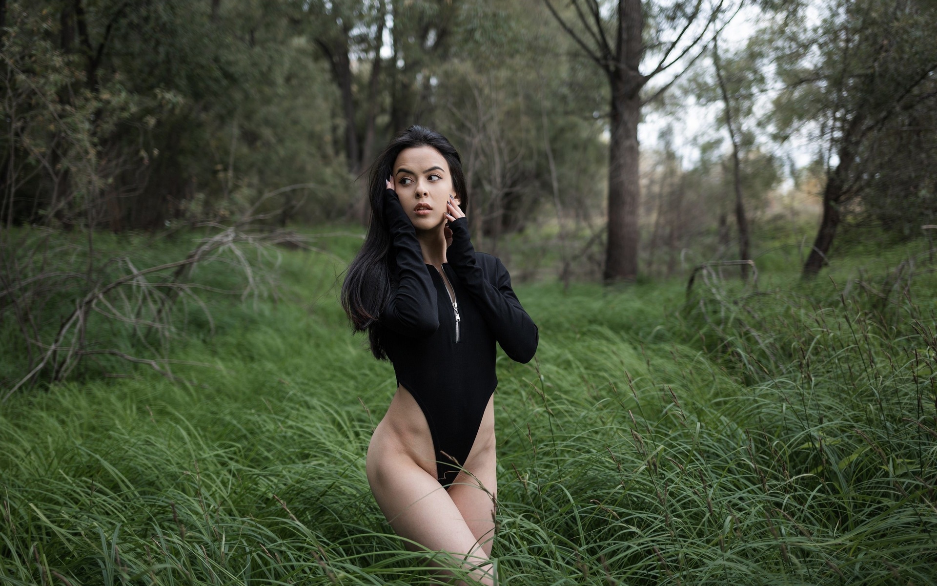 women, trees, bodysuit, leotard, women outdoors, nature, zipper, ass, looking away, black hair, long hair