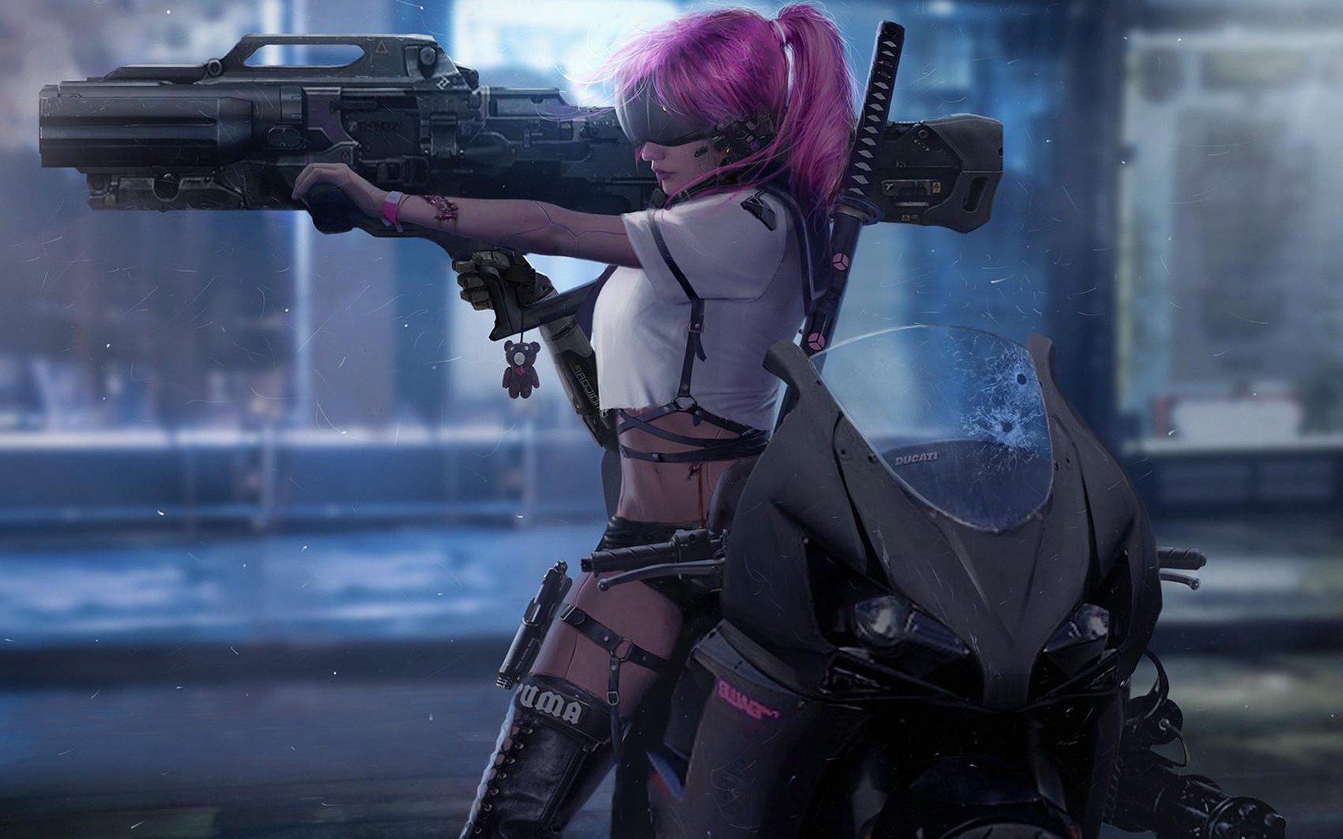 cyberpunk, katana, ducati, glass, weapon