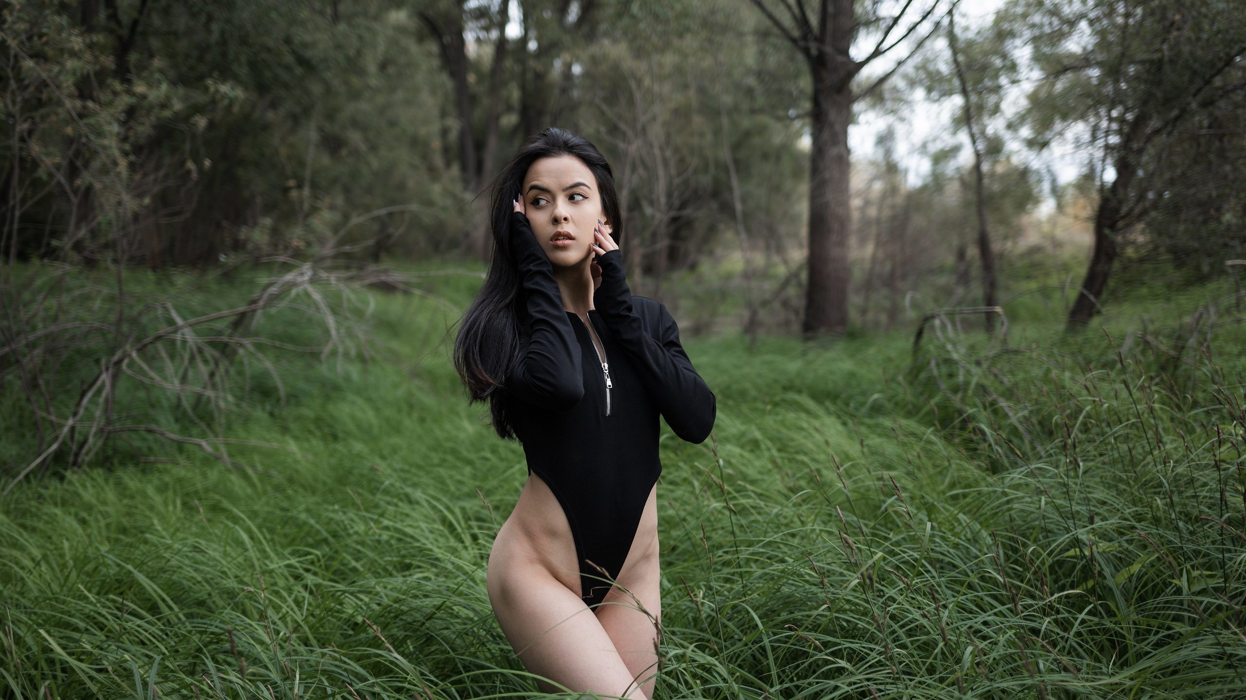 women, trees, bodysuit, leotard, women outdoors, nature, zipper, ass, looking away, black hair, long hair