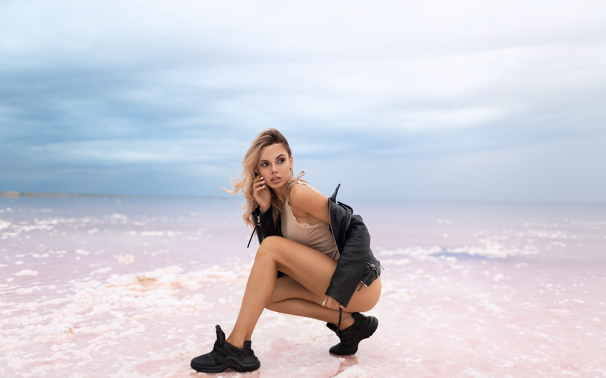 women, vitaly skitaev, squatting, leather jackets, sneakers, brunette, ass, women outdoors, pink nails, nipple through clothing, water