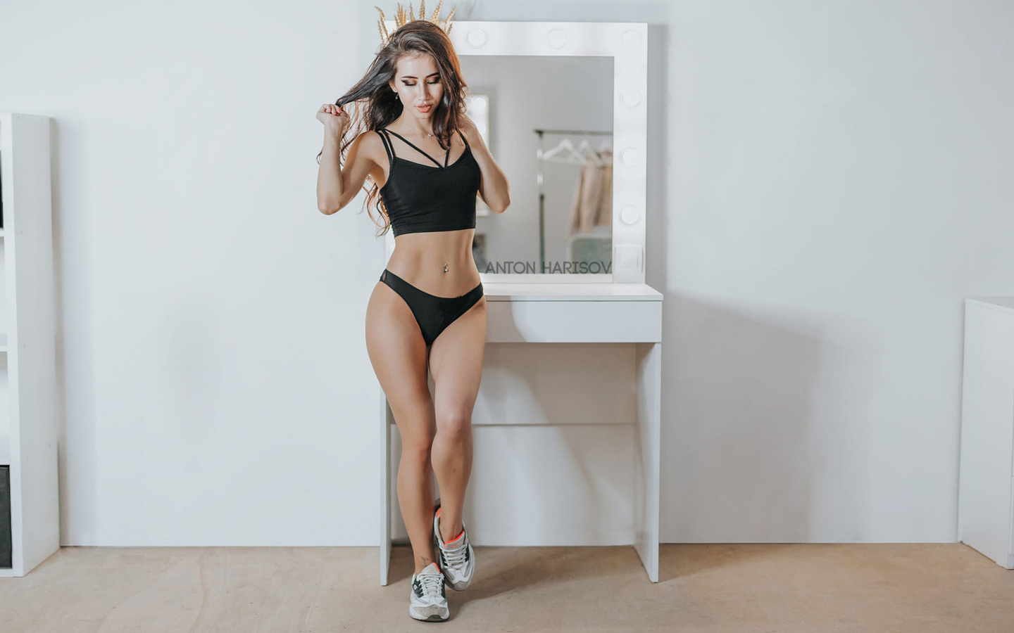 women, anton harisov, black panties, tank top, belly, brunette, sneakers, mirror, women indoors, pierced navel, reflection