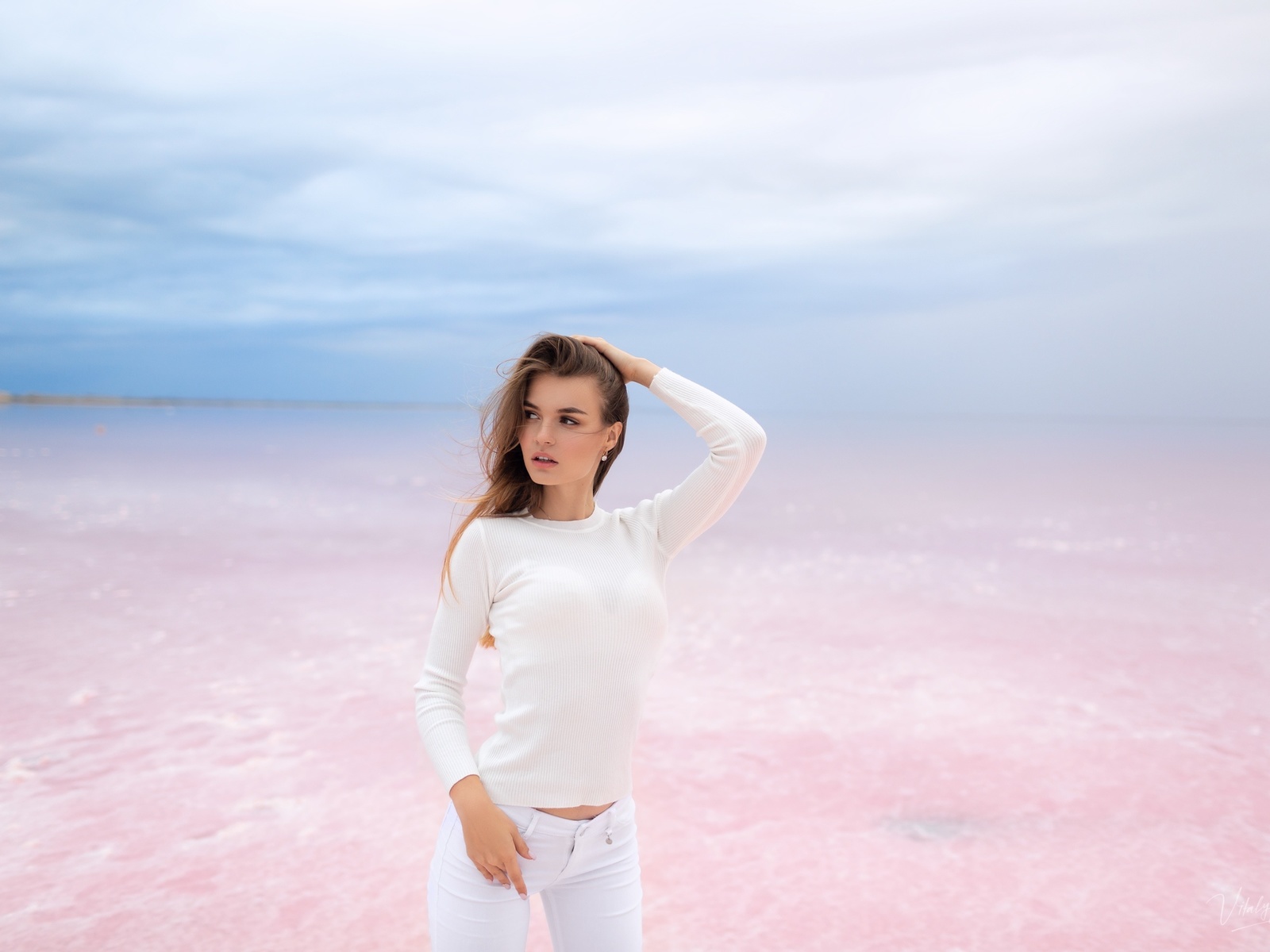 women, vitaly skitaev, white clothing, jeans, sky, clouds, women outdoors, water, looking away