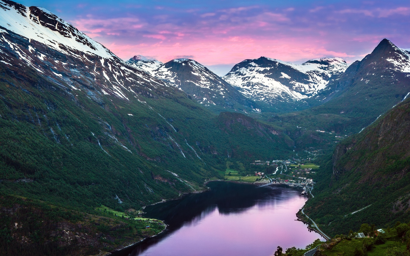 mountains, landscape, river, snow on the mountains