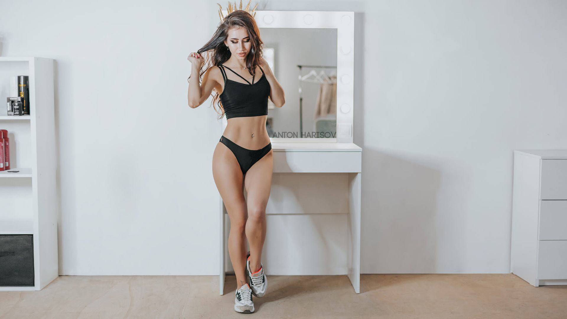 women, anton harisov, black panties, tank top, belly, brunette, sneakers, mirror, women indoors, pierced navel, reflection