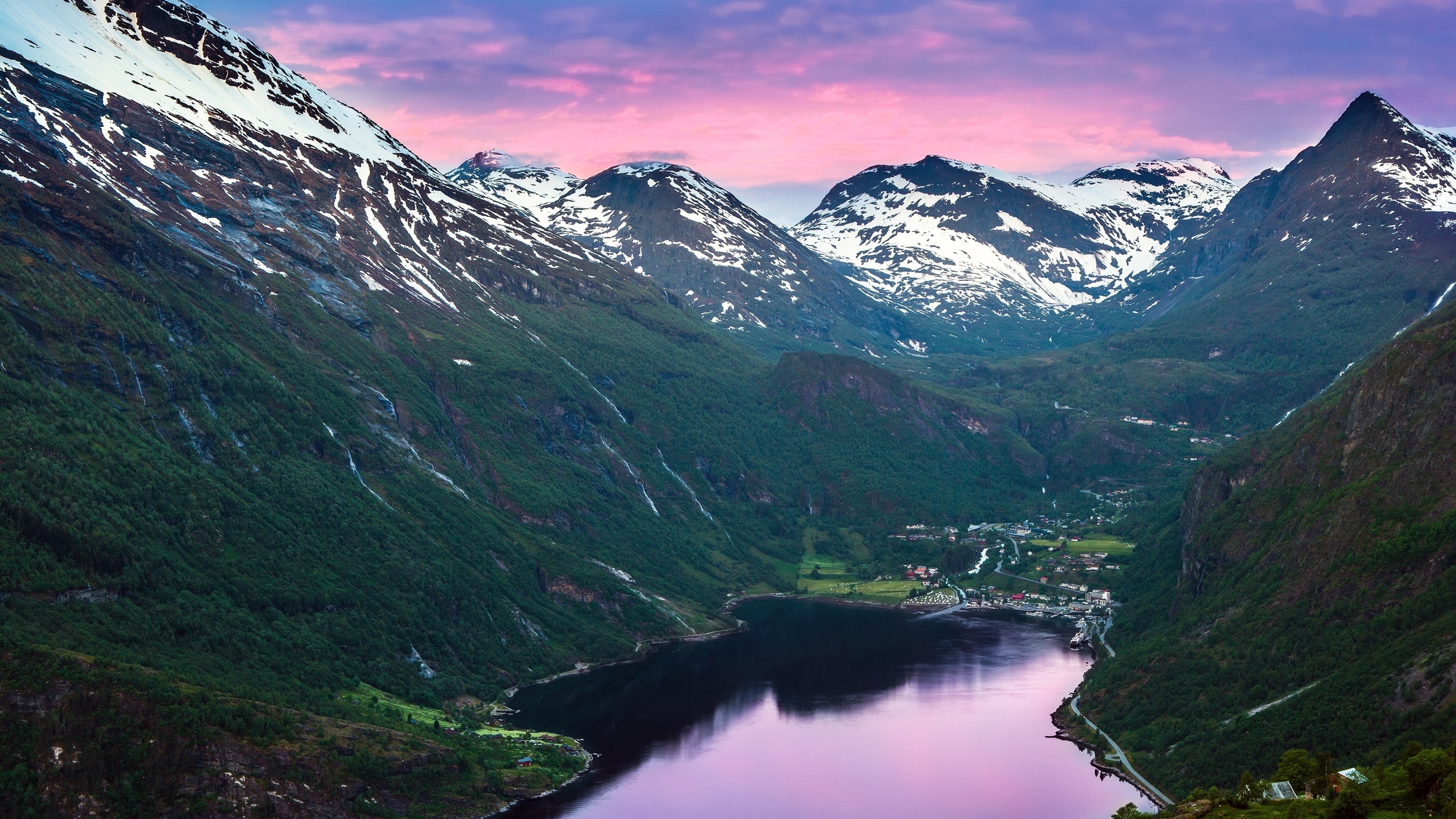 mountains, landscape, river, snow on the mountains