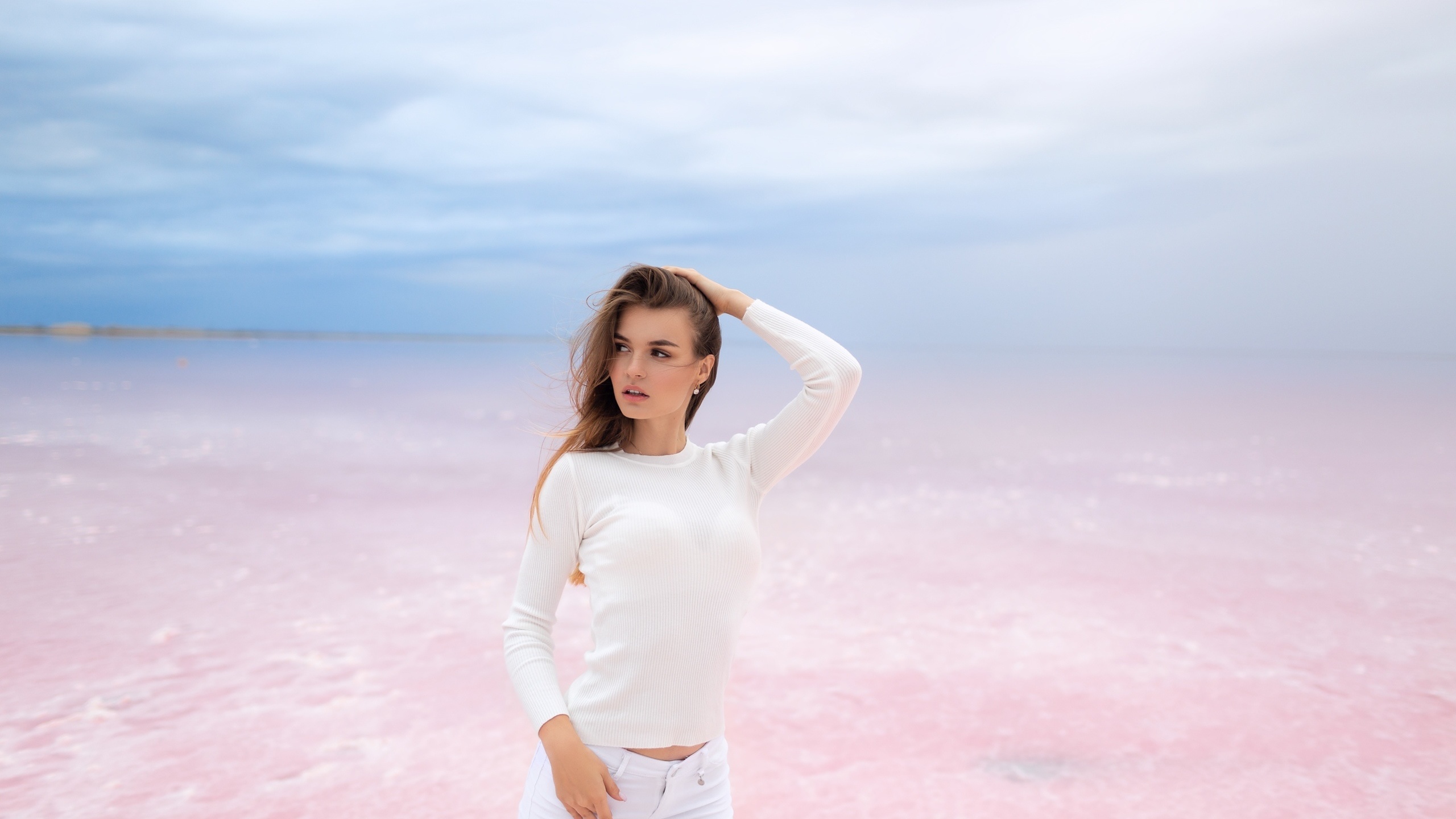 women, vitaly skitaev, white clothing, jeans, sky, clouds, women outdoors, water, looking away